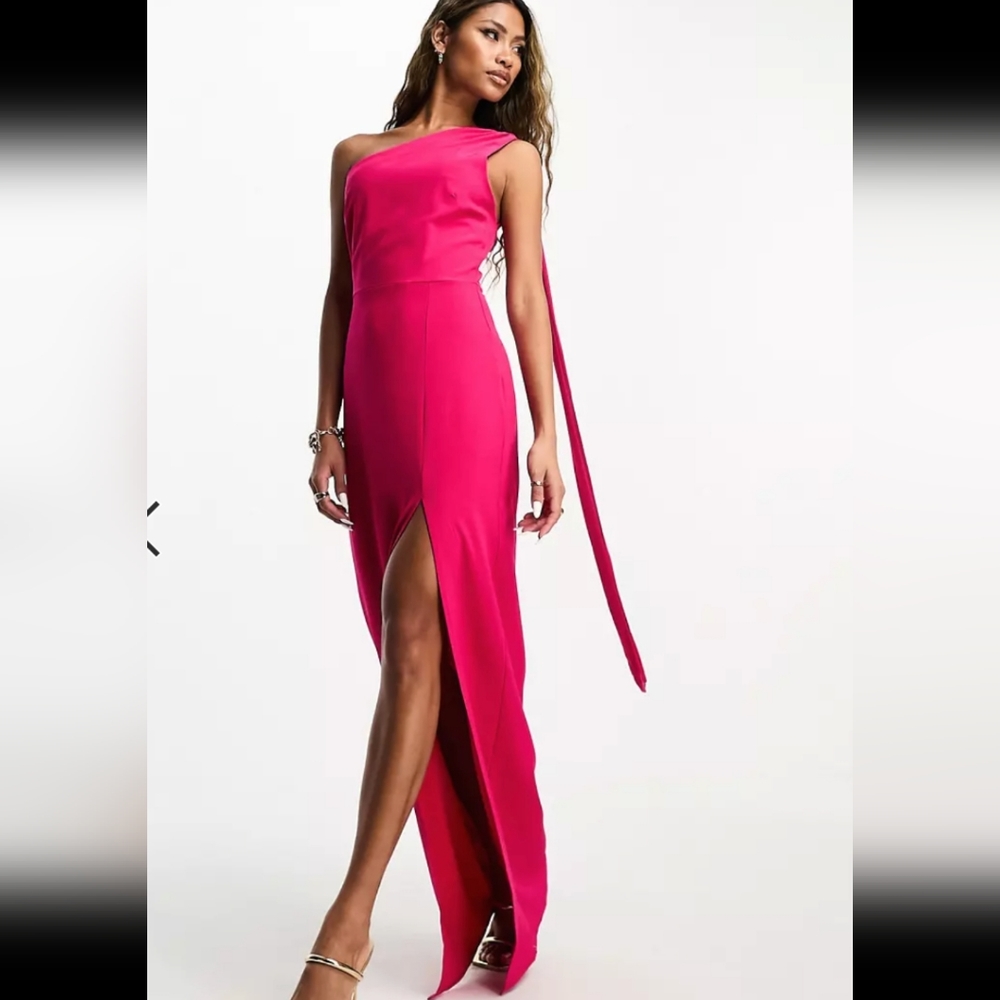 Vesper scarf detail thigh split maxi dress in bright pink